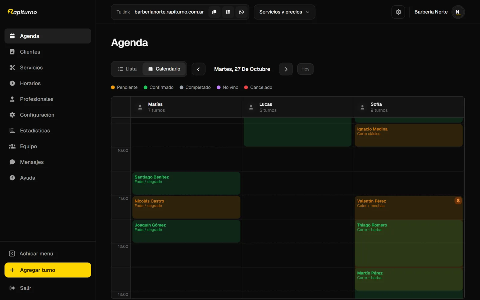 Agenda de Rapiturno en vista calendario, por profesional