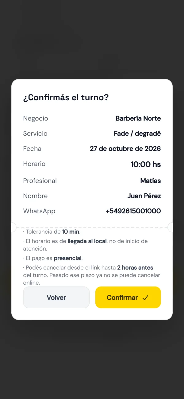 Página de reservas: confirmar el turno