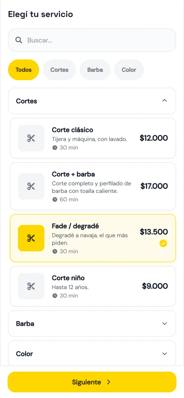 Página de reservas: elegir el servicio