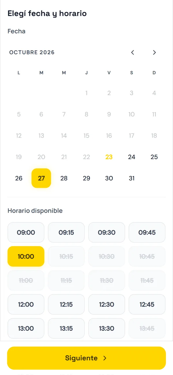 Página de reservas: elegir día y horario