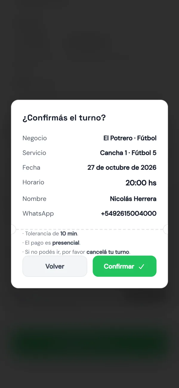 Página de reservas: confirmar el turno