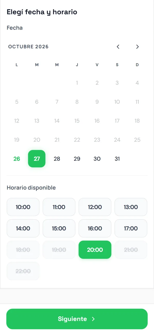 Página de reservas: elegir día y horario