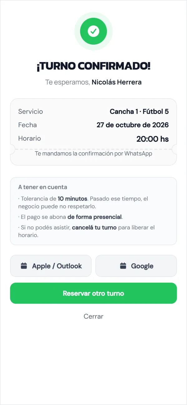 Página de reservas: turno confirmado