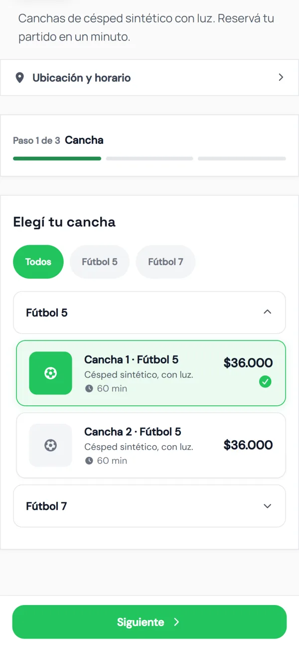 Página de reservas: elegir el servicio