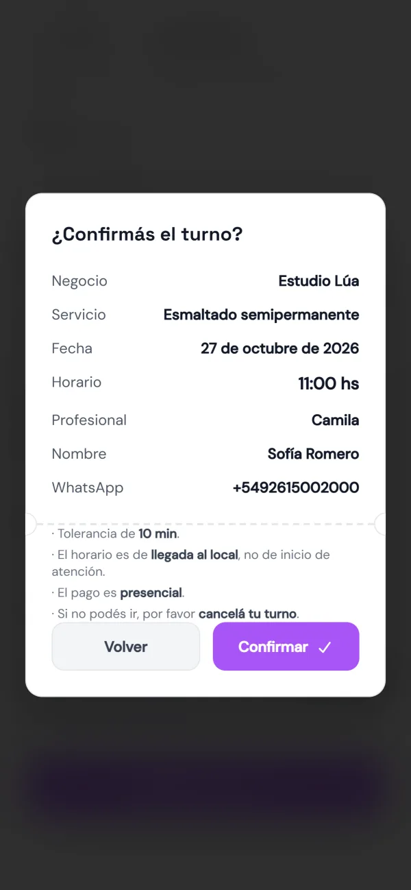 Página de reservas: confirmar el turno