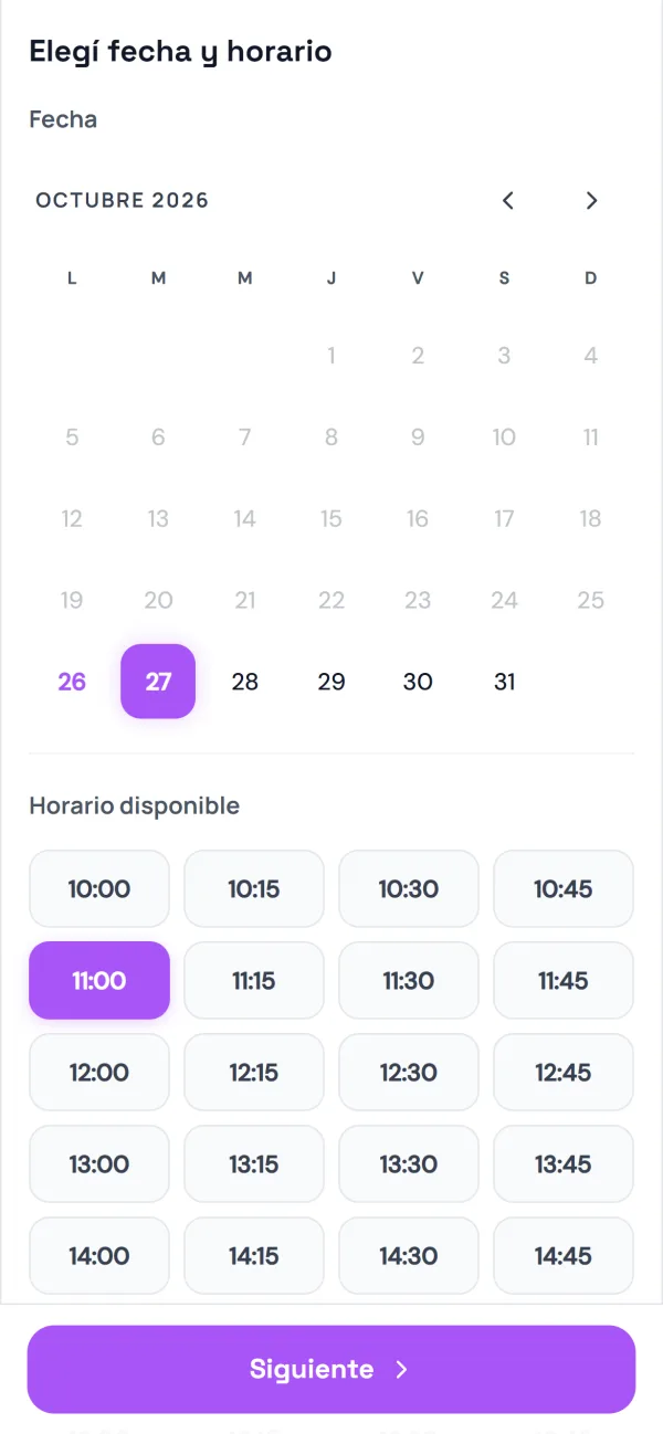 Página de reservas: elegir día y horario