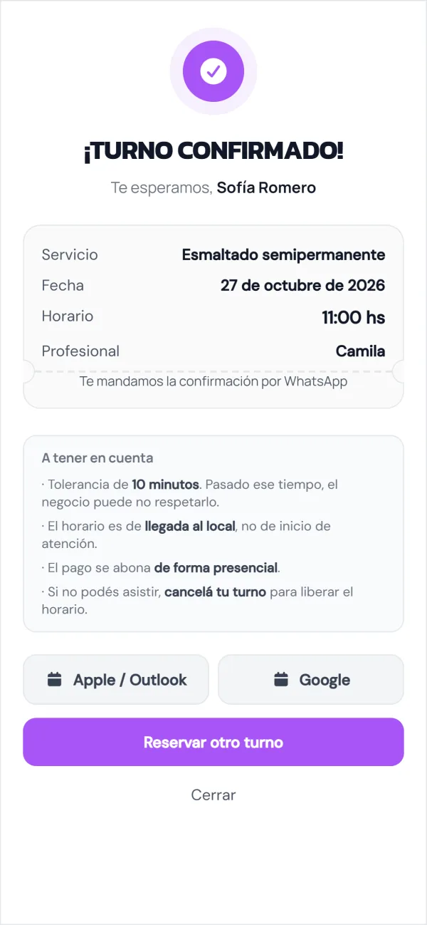 Página de reservas: turno confirmado
