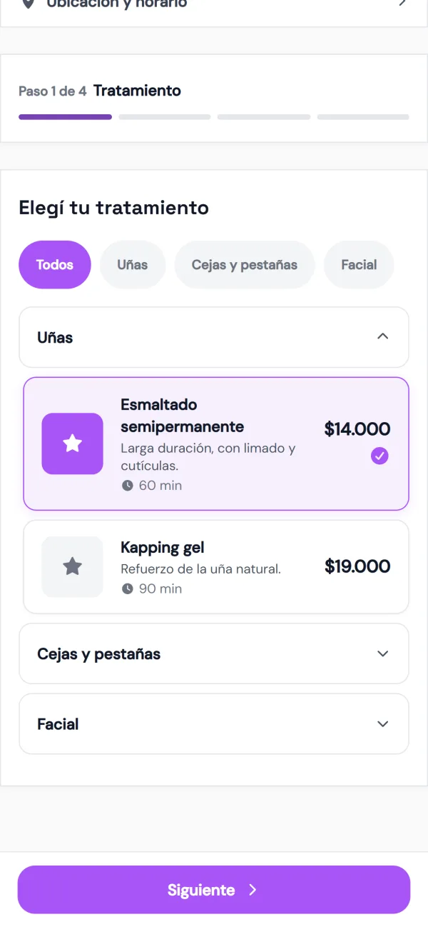 Página de reservas: elegir el servicio