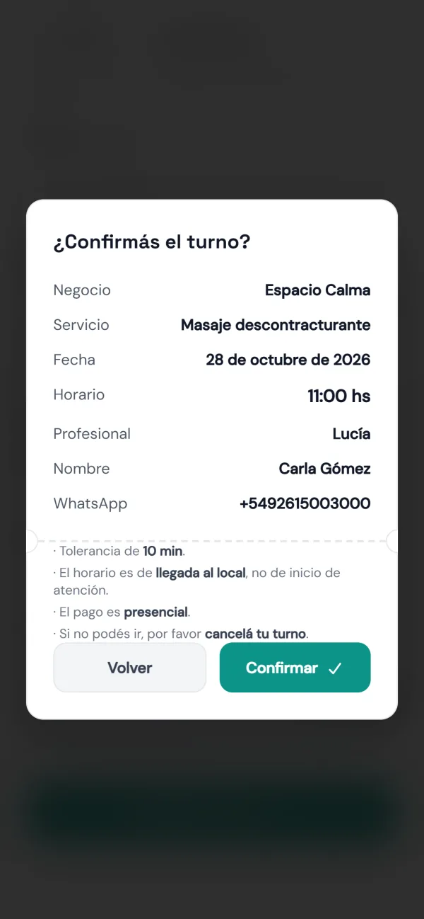 Página de reservas: confirmar el turno
