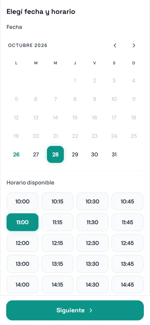 Página de reservas: elegir día y horario