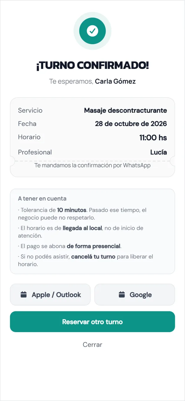 Página de reservas: turno confirmado