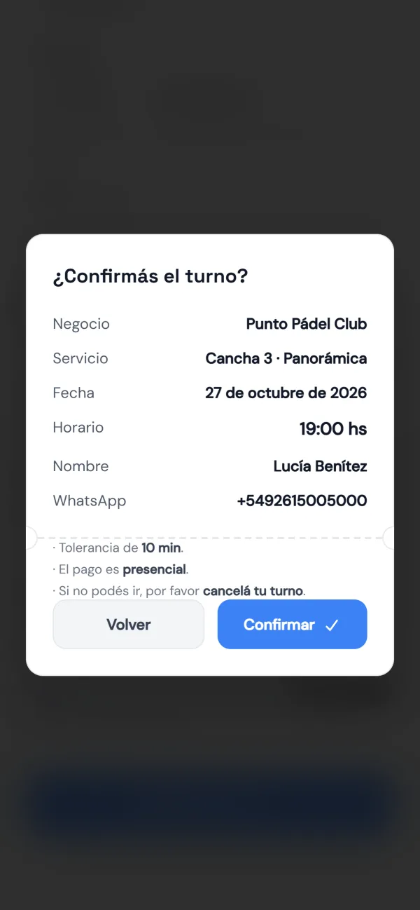 Página de reservas: confirmar el turno