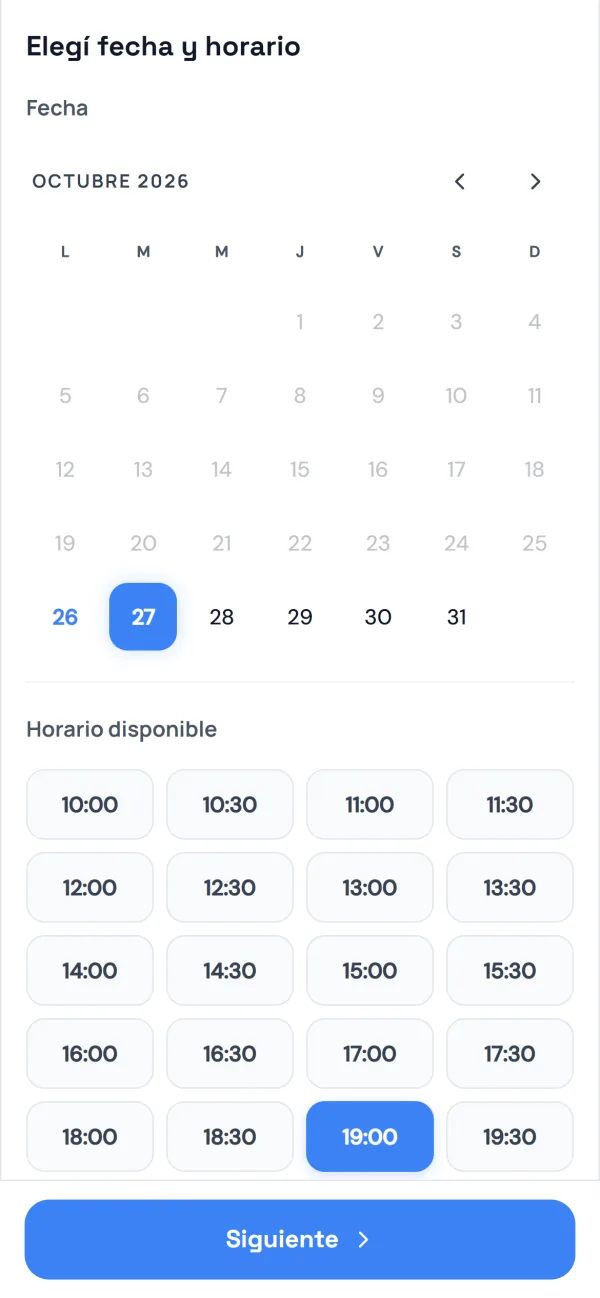 Página de reservas: elegir día y horario