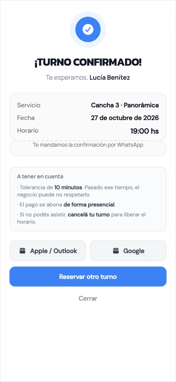 Página de reservas: turno confirmado