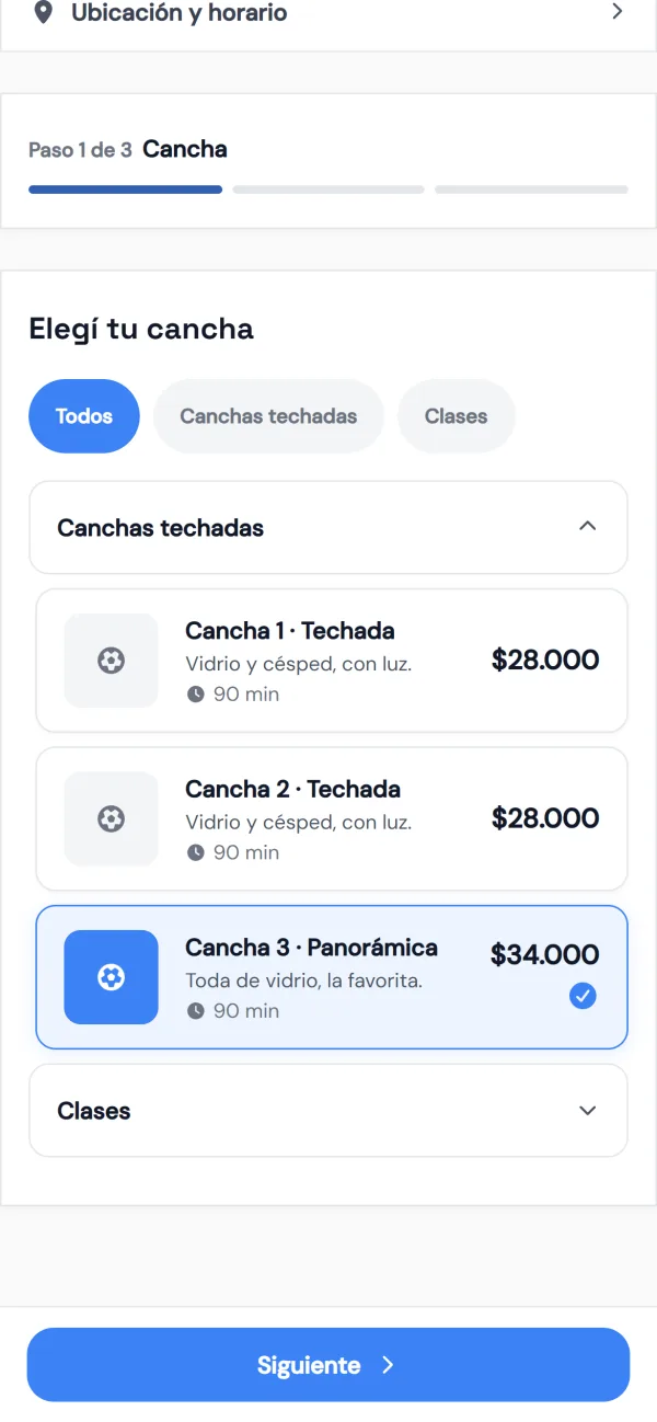 Página de reservas: elegir el servicio