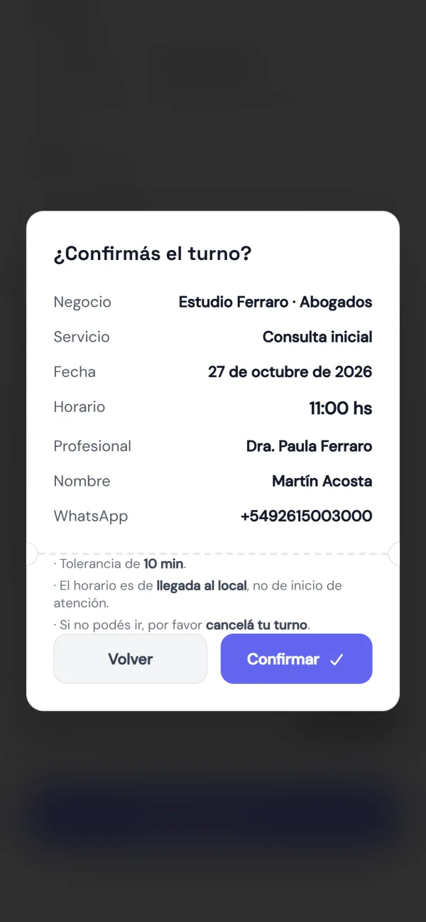 Página de reservas: confirmar el turno