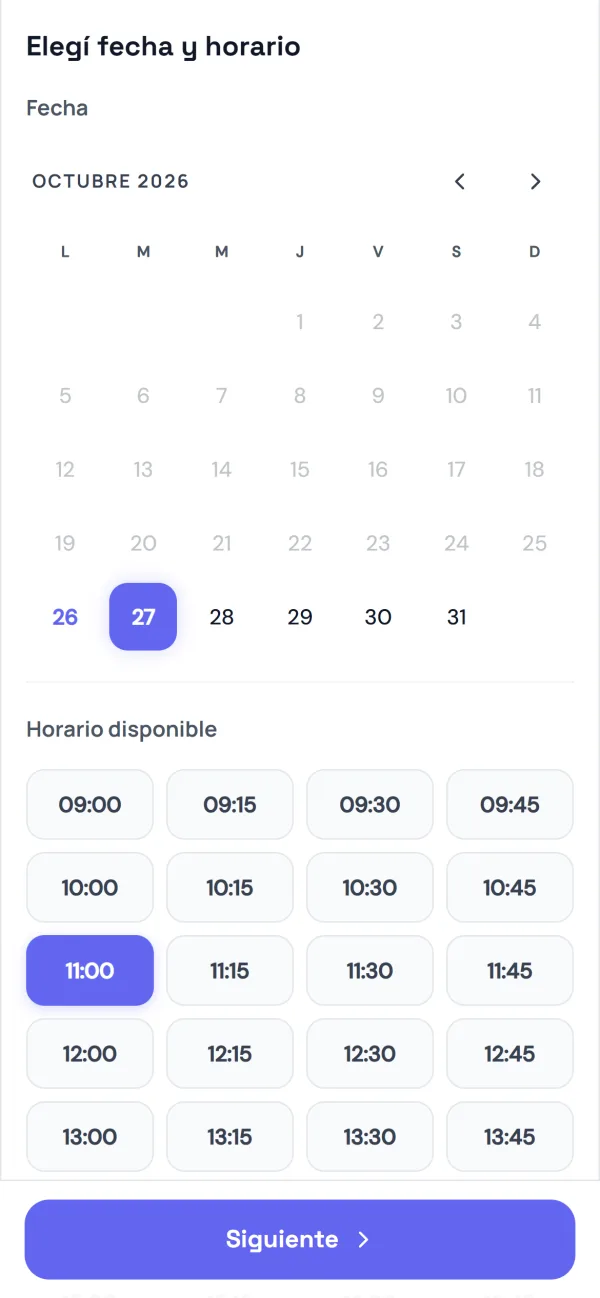 Página de reservas: elegir día y horario
