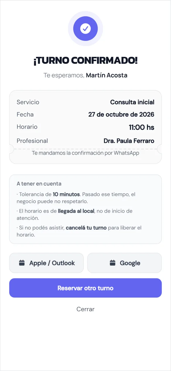 Página de reservas: turno confirmado