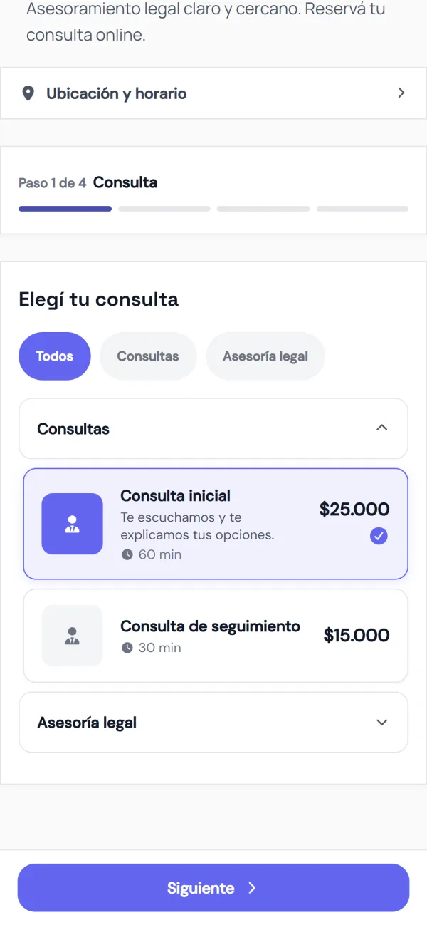 Página de reservas: elegir el servicio